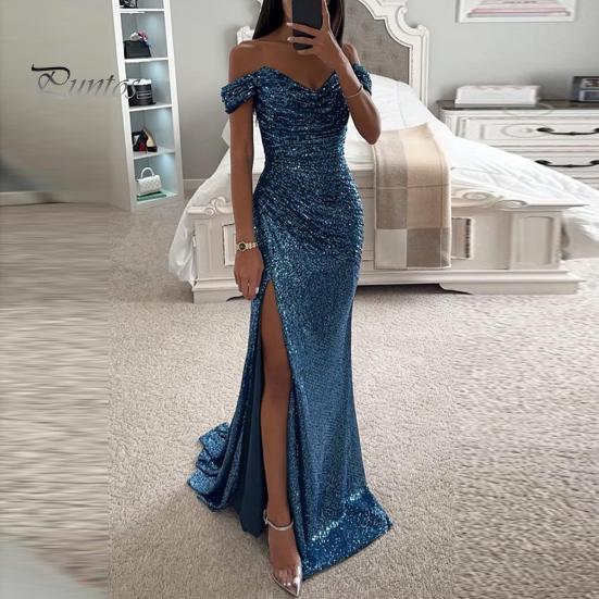 Třpytivé plisované šaty Elegantní výstřih do V Odhalená ramena Maxi Krátký rukáv Detail pasu Dlouhé Úzké Večerní párty Maturitní Ples Štíhlé Sexy Rozparek Jednobarevné Odhalená ramena