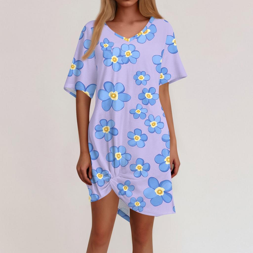 Women's Summer Casual Floral Printed Hem Knotted Short Sleeve Dresses
