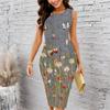 Women Plus Size Crew Neck Sleeveless Midi Dress Grey Textured Wildflower Butterfly Insect Print Bodycon Dress