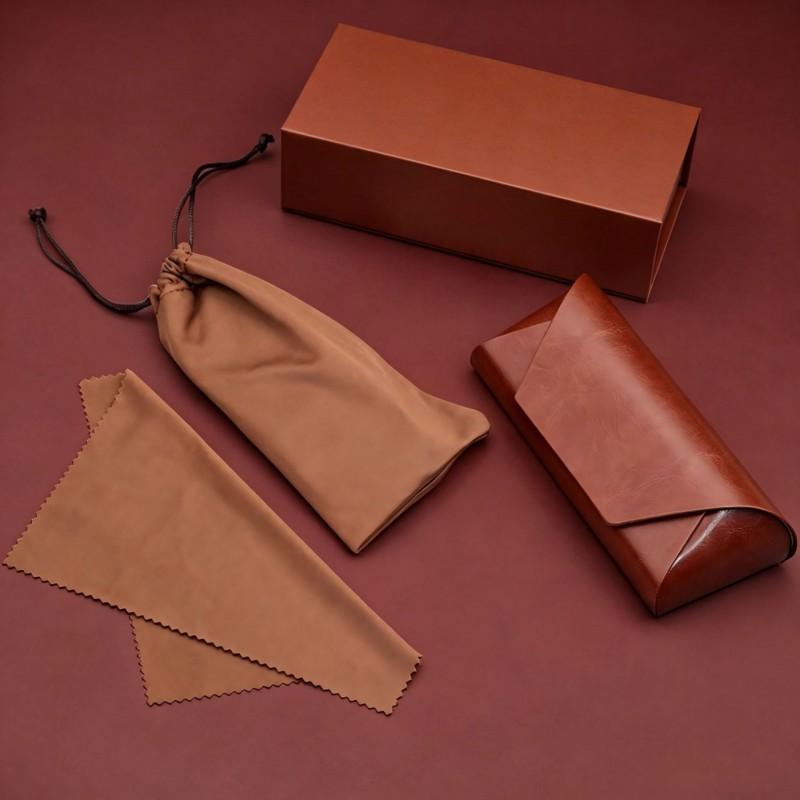 Premium Leather Eyeglass Case With Magnetic Portable Sunglasses Holder Flip Cover Brown TZ01