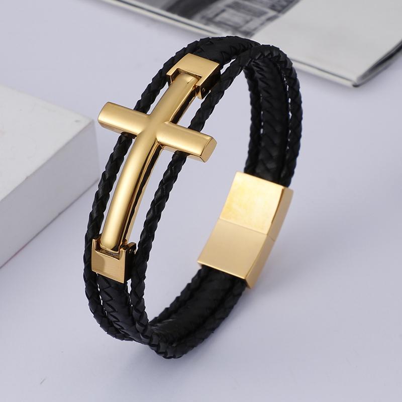 Triple Layered Cowhide Leather Bracelet Men Stainless Steel 22cm Cross Charm Armband Male Fashion Jewelry 2020