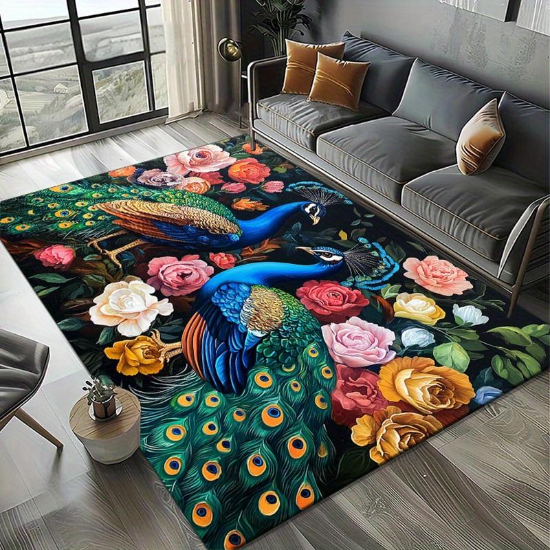 Polyester Area Rug - Double Peacock and Floral Print, Non-Slip, Home Decoration Accent Mat for Bedroom, Living Room, Soft Crystal Velvet, Mi