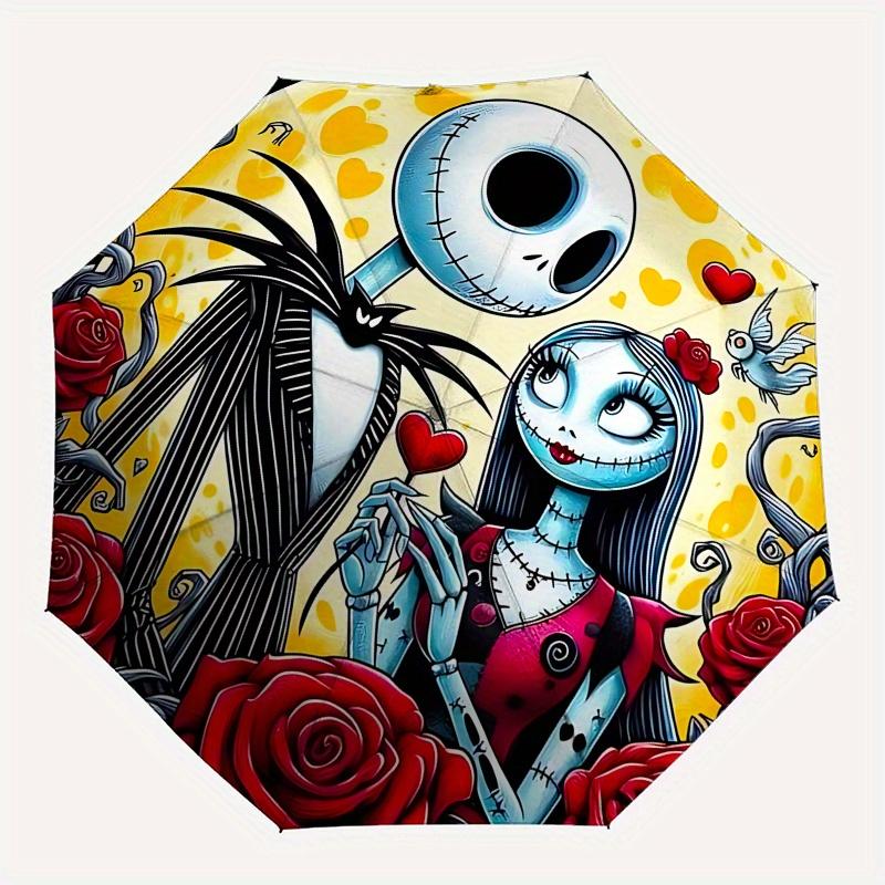 1 Auto Open "Jack Skellington""Sally" Themed Colorful 8-rib Portable Umbrella for Men and Women, A Compact Commuting Companion Suitable for