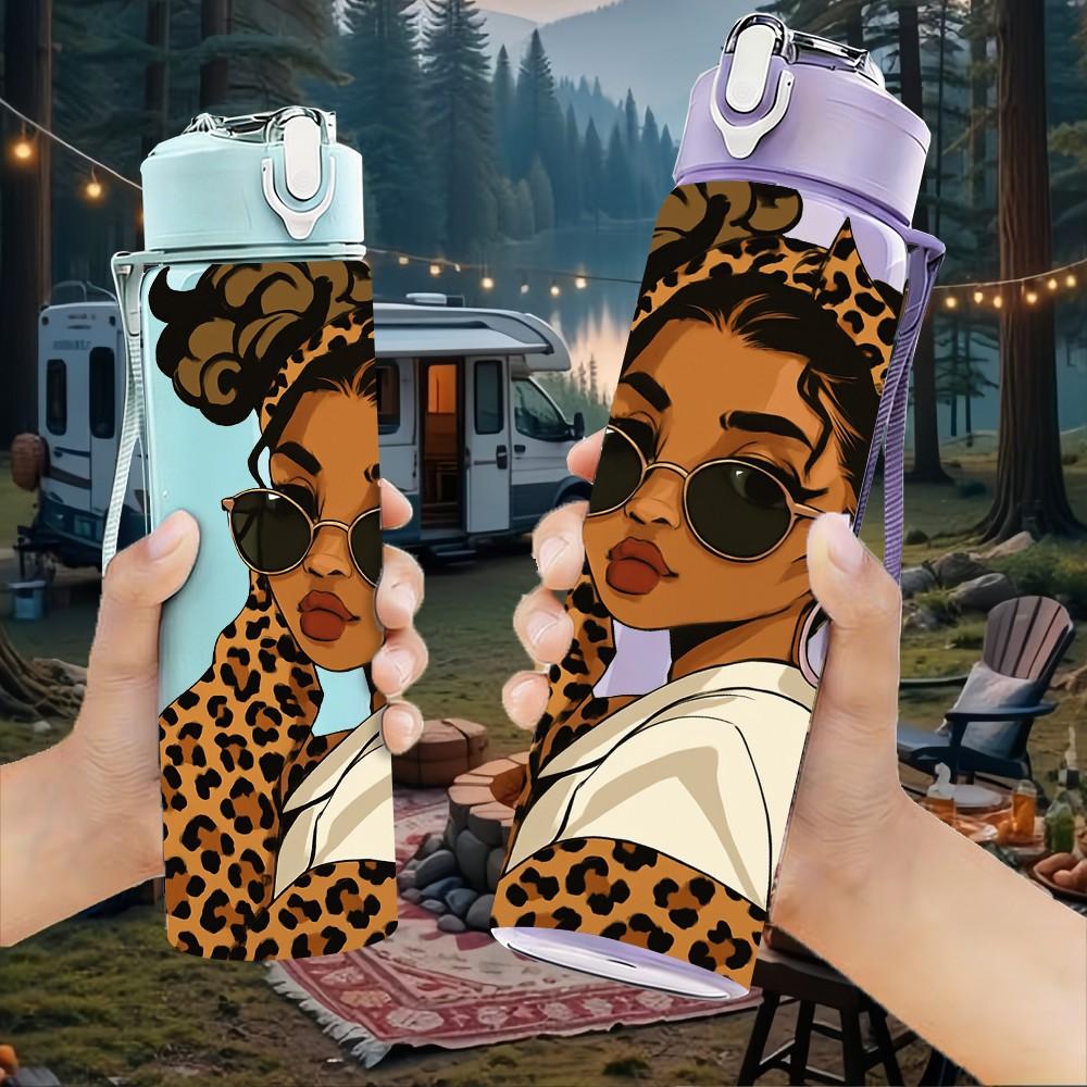 1PC Girl Leopard Hair Fashion Print 750ml Color Plastic Sports Water Bottle Leakproof Flip Straw Lid Suitable for Sports Office Home Use