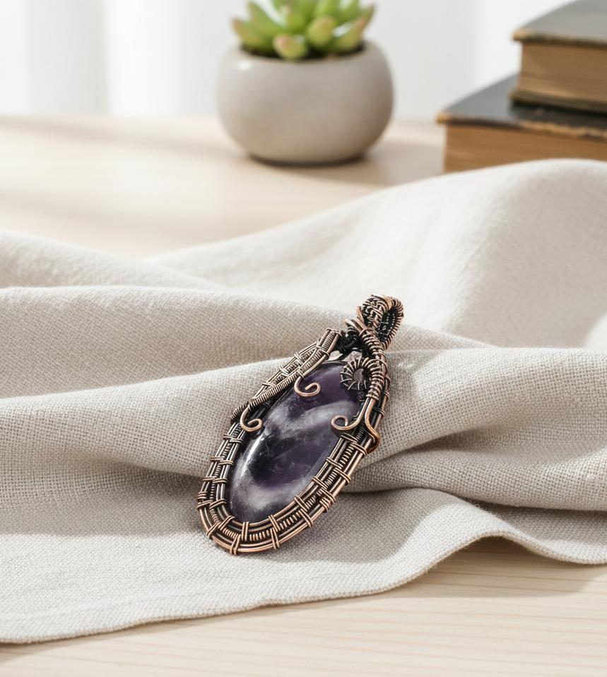 Handmade Copper Wire Wrapped Amethyst Pendant Necklace Natural Purple Amethyst Gemstone Jewelry for Women Vintage Boho Style