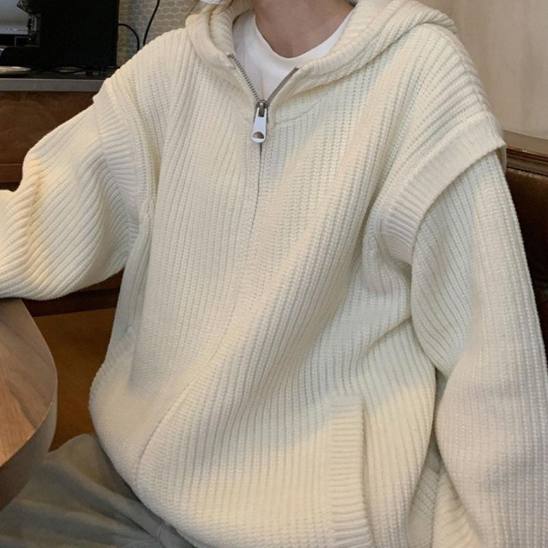 Automne Vent Paresseux Ample Grande Version du Sens du Design Veste Pull à Capuche Zippée Cardigan Tricoté Femme