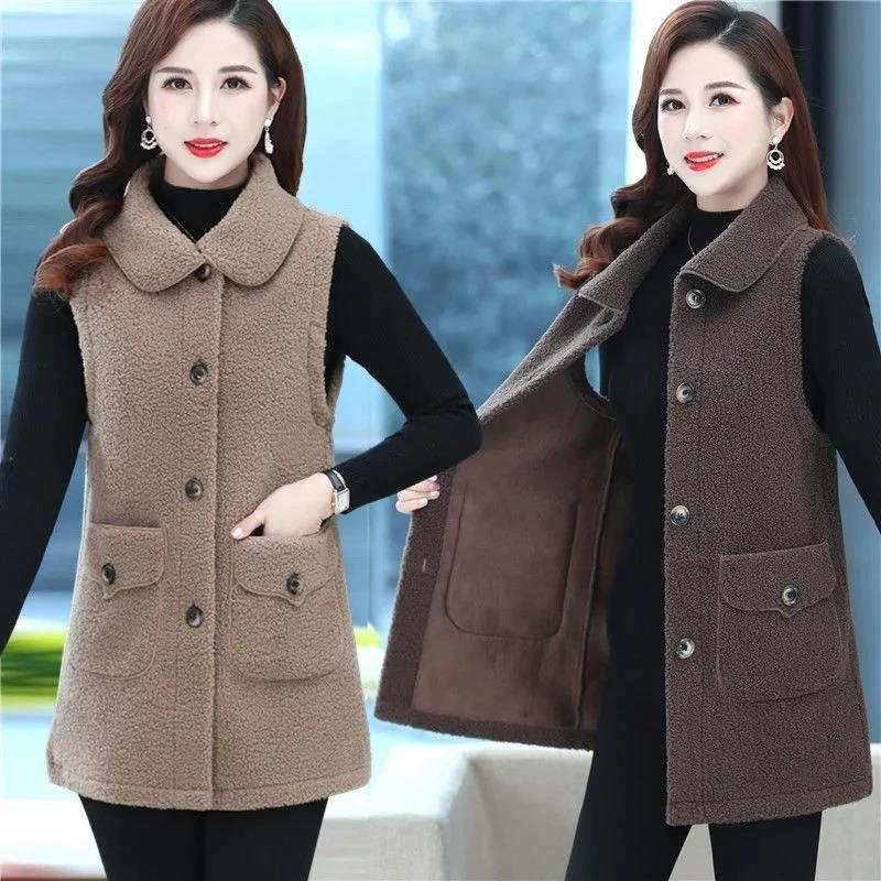 Lamb Wool Middle-aged and Elderly Vest Women's Jacket Plus Velvet Thickened Mother's Sleeveless Vest Button Vest