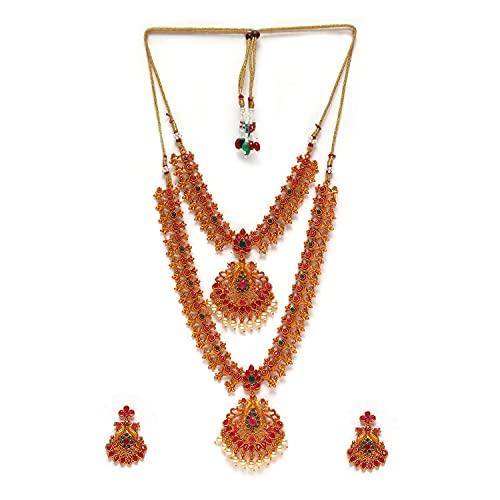 Estele Gold Plated Double Line Peacock Nakshi Temple Necklace Set with Pearls for Women