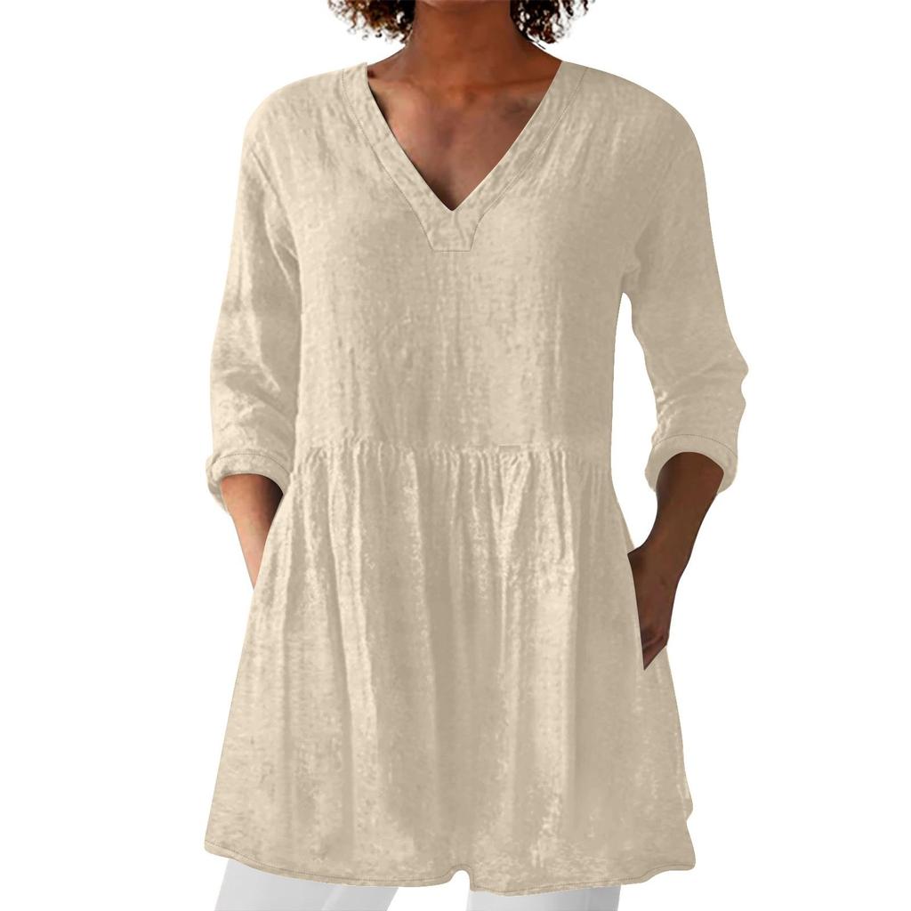 Women's Fashion Solid Color V Neck 3/4 Sleeve Pocket Casual Loose Fit Pullover Shirt Top