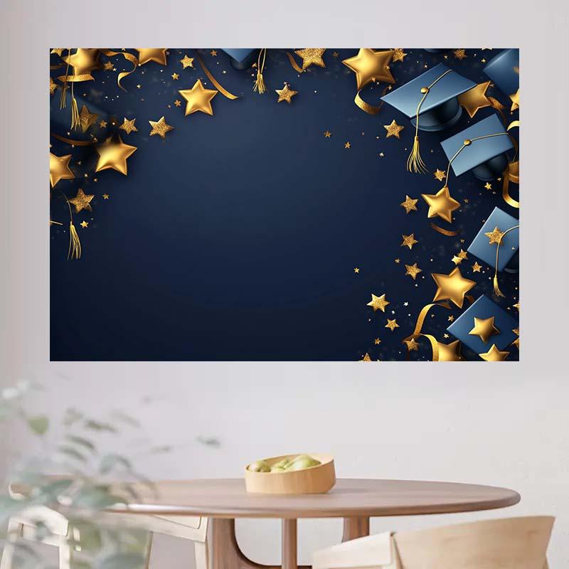 2D Plane Graduation Theme Background Fabric Decorated with Golden Stars and Graduation Cap Patterns Polyester Fiber