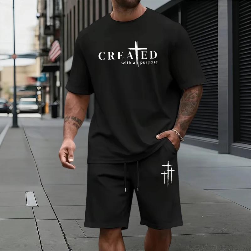 JESUSKREUZ Aufdruck T-Shirt und Shorts Sommer Neu im Herren Set Urban Lässig Mode Kurzarm Sportbekleidung Zuhause Outdoor Outfits