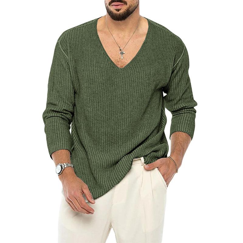 Men's V-neck Solid Color Long Sleeve Fashion Knitted Sweater