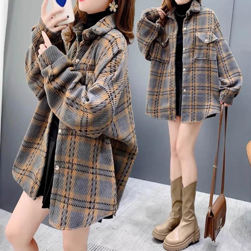 Shirt Jacket Women Plaid Large Size Loose Long-sleeved Versatile Buttons Jacket