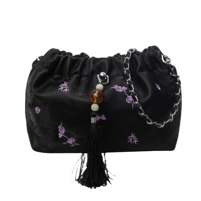 

Женская плетеная сумка-ведро с цепочкой, модная женская сумка с вышитыми цветами и кисточками (20cm<Max Length<30cm)