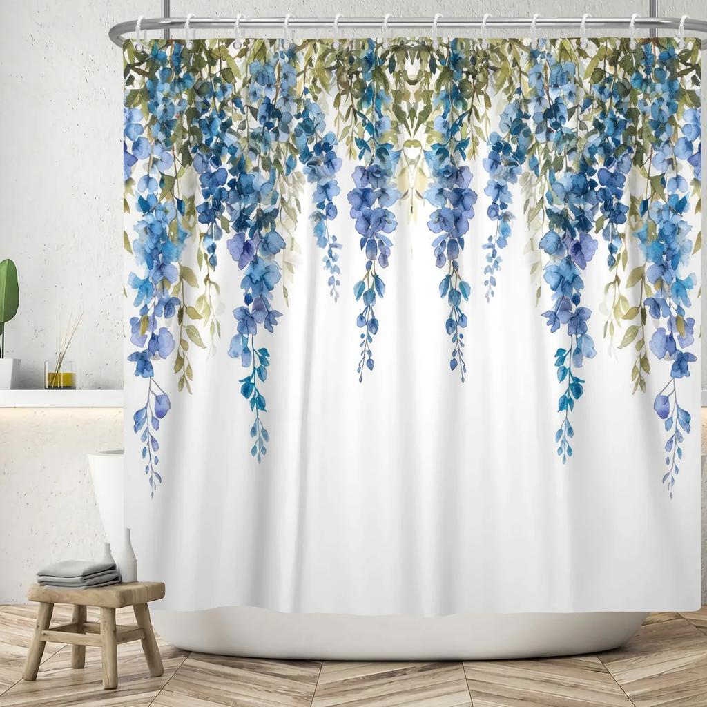 Top Fresh Watercolor Plants And Flowers Leaf Pattern Bathroom Shower Curtain Home Decoration Waterproof Tape Hooks