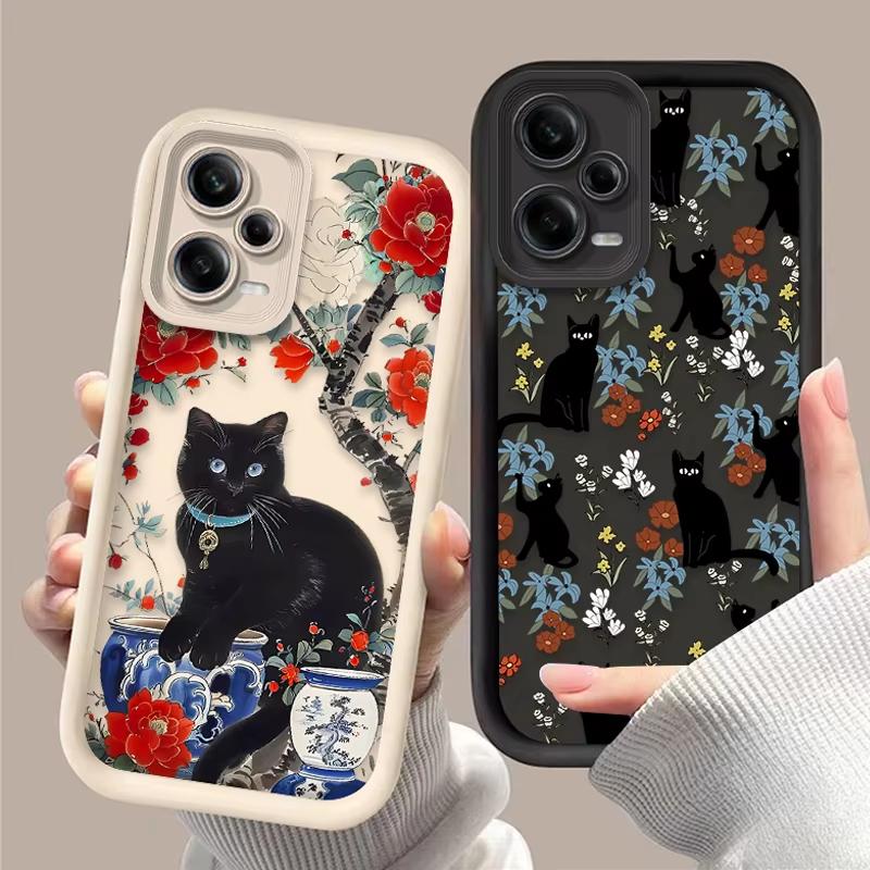 Black Cat Flower Artistic Phone Case For Redmi Note 13 12 Pro Plus 5G 13 12 Pro 4G 5G 11 10 Pro 12S 5G 11S 10S Redmi 13C 12 5G