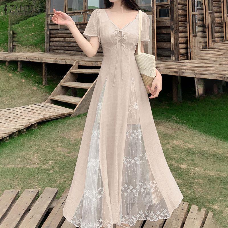 ZANZEA Women Elegant V-Neck Short Sleeve Casual Lace Splice Long Dress