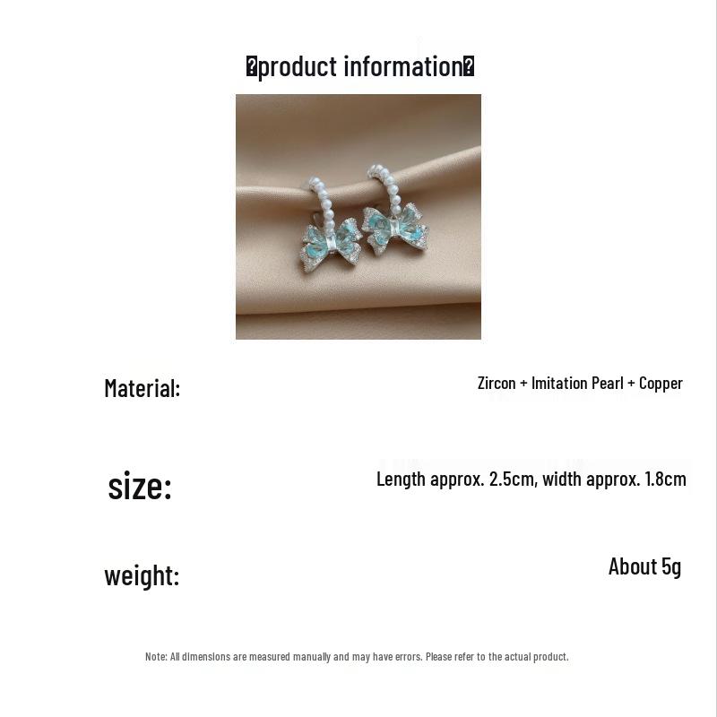 Elegant Blue Zircon Bow Pearl Stud Earrings – High-End, Versatile Fashion for Women