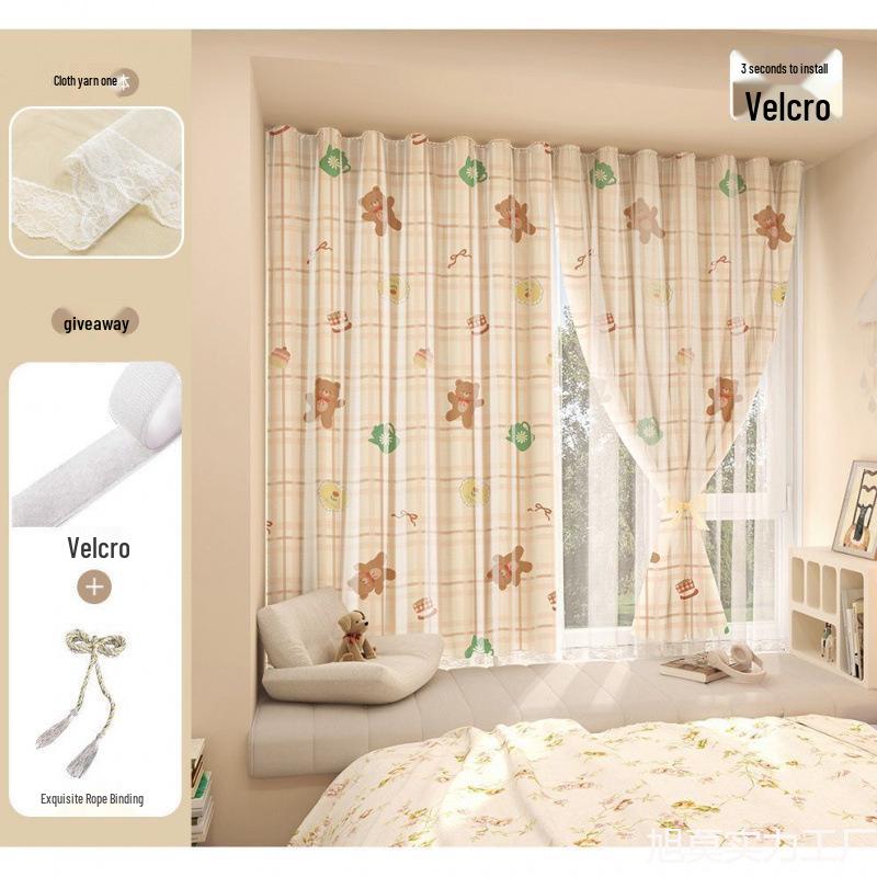 No-Punch Light-Blocking Bay Window Curtain Fabric for Bedrooms