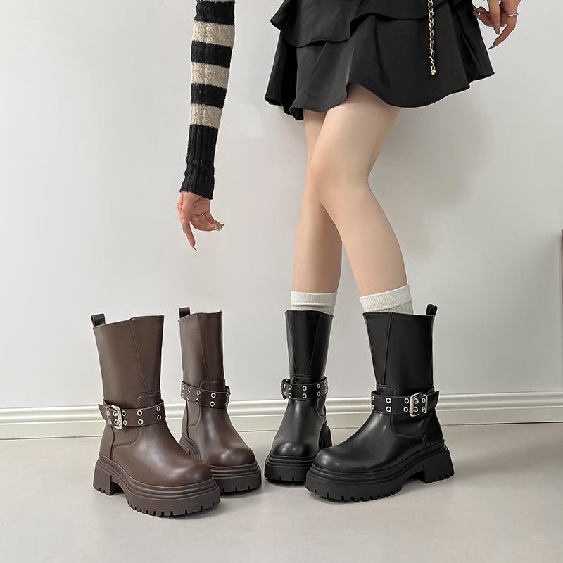 Autumn and winter new medium boots 2025 new thick-soled thick heel British style wide tube belt buckle Martin boots short boots women