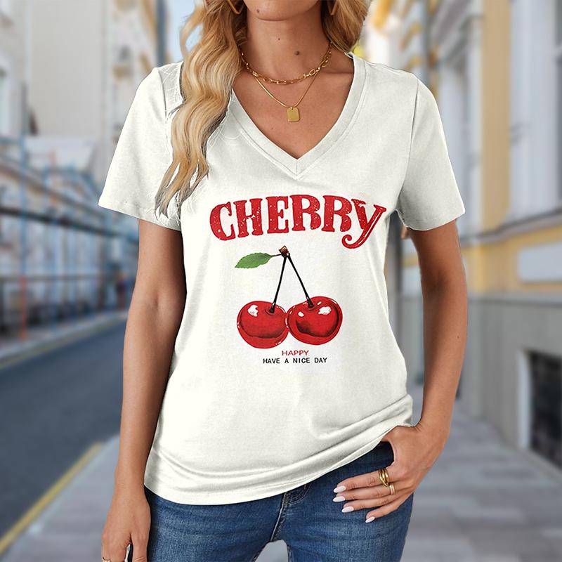 

Fashion Cherry Printing Blouses Short Sleeve V-Neck T Shirts Casual 8XL білий