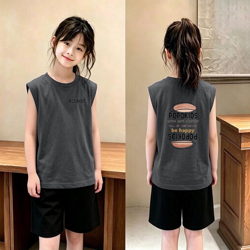 Korean Style Girls' Casual Cotton Vest T-shirt Set for Summer, Ages 6-12