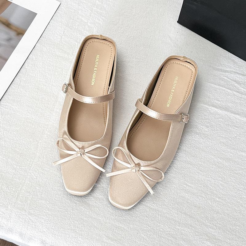 

W173-10 Simple temperament 2025 early summer new bow square head soft bottom comfortable outer slippers women 40 абрикосовый