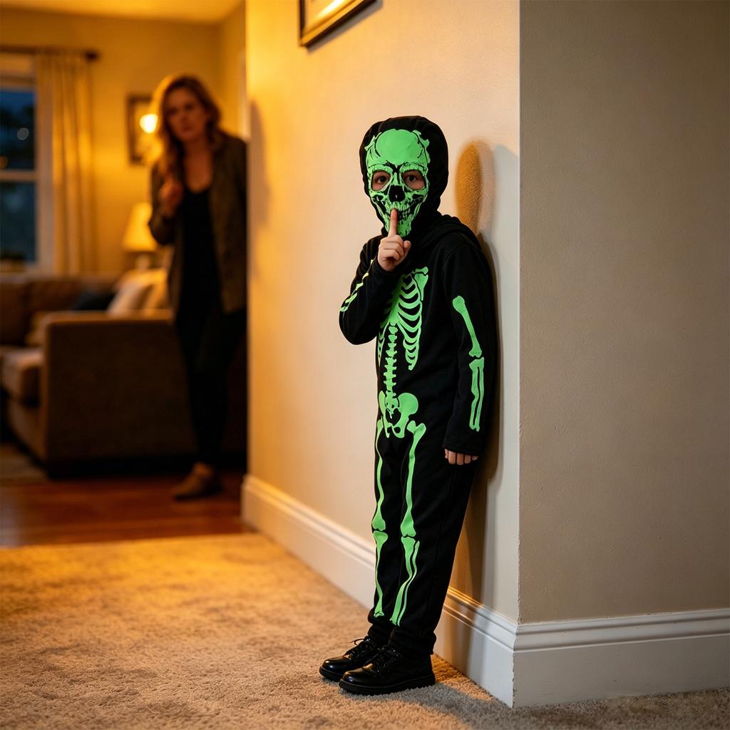 In the Dark Halloween Skeleton Costume with Light Up Eyes for Adults Unisex Party Outfit