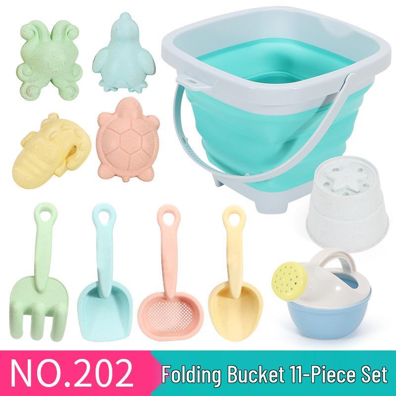 Children's 11-Piece Beach Sand Play Set - Folding Bucket and Shovels