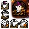 Rustic Pumpkin Door Decor Halloween Ghost Round Wooden Welcome Hanger Wall Plaque Tiered Tray Ornaments with Rope Hanging for Front Living