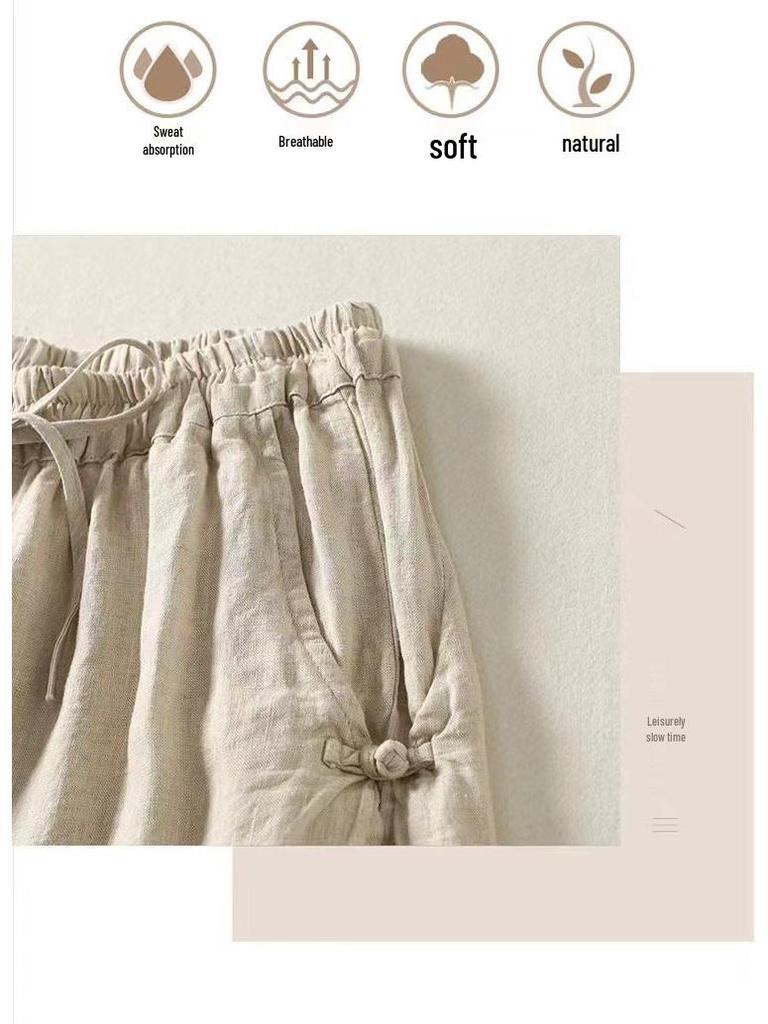 High Waist Retro Frog Button Cotton Harem Pants - Lightweight, Elastic, Tie Waist, Loose Fit for Spring/Summer