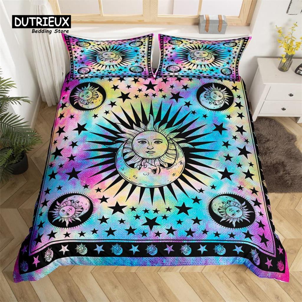 Comforter Sun And Moon King Queen Starry Sky Galaxy Trippy Bedding Set For Kids Adults Microfiber Boho Geometric
