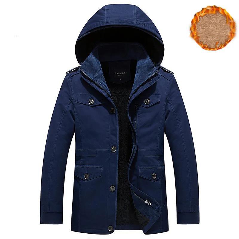 Men Jacket Winter Hooded Jacket Plus Velvet Thick Warm Coat Long Slim Parka  Retro Coat