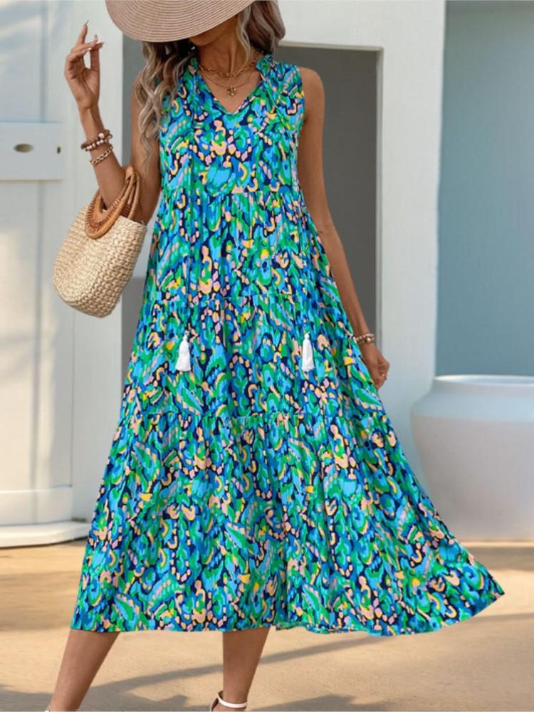 Tassel Lace Up Fashion New Mid Length Skirt Summer Vacation Style Sexy Sleeveless V-neck Abstract Print Casual Loose Dress