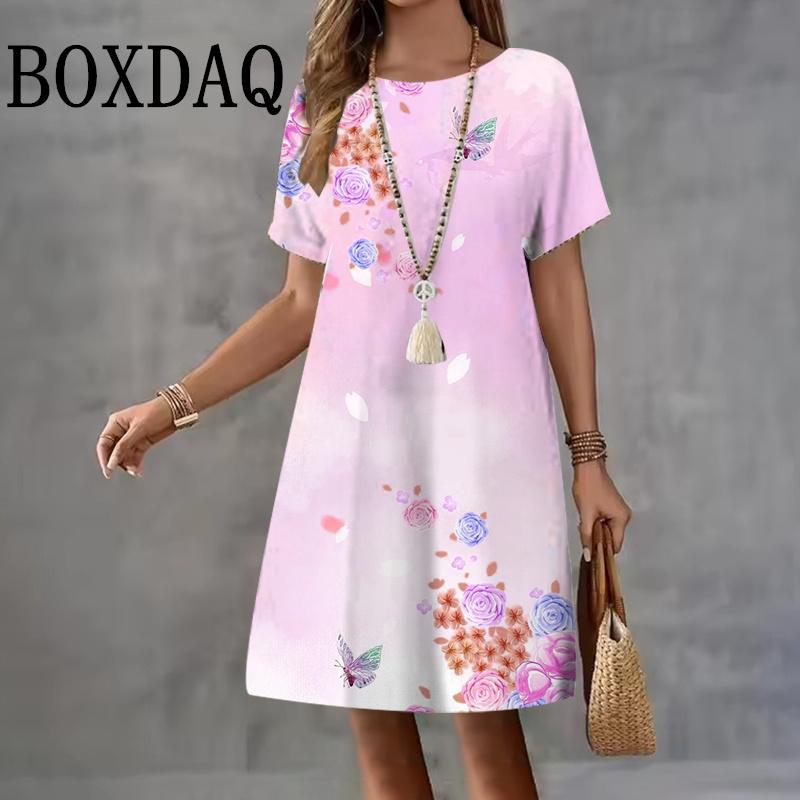 Güneşlik Kelebek Kadın Elbiseleri 3D Çiçek Baskılı Kadın Giyim Günlük A-Çizgisi Bol Kısa Kollu Elbise Yaz Şık Bayan Elbisesi