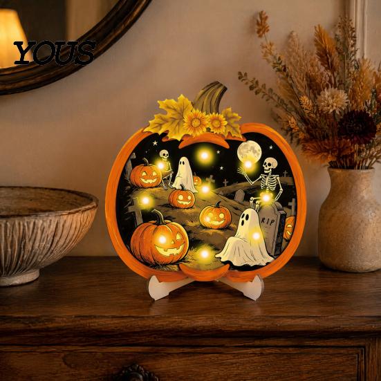 Ghost Skeleton Window Display Halloween Wooden Pumpkin Sign, LED Light Up Hanging Rustic Pendant Wall Sign for Indoor Outdoor Holiday Party Decor