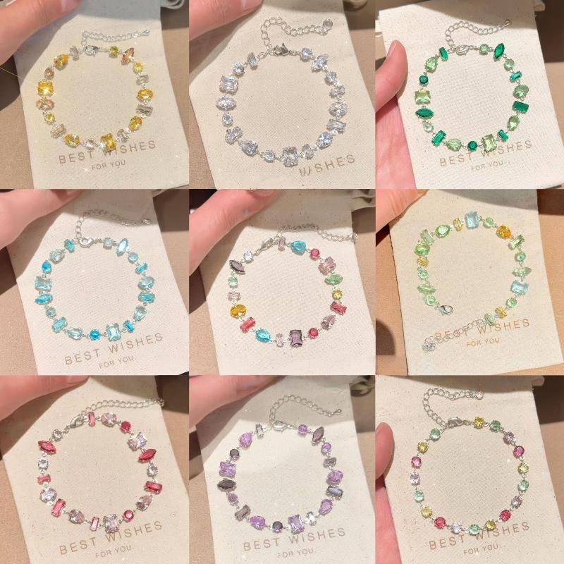 Sparkling Colorful Zircon Crystal Bracelet for Women Polished Metal Chain Lightweight Wrist Jewelry for Casual Party Wear