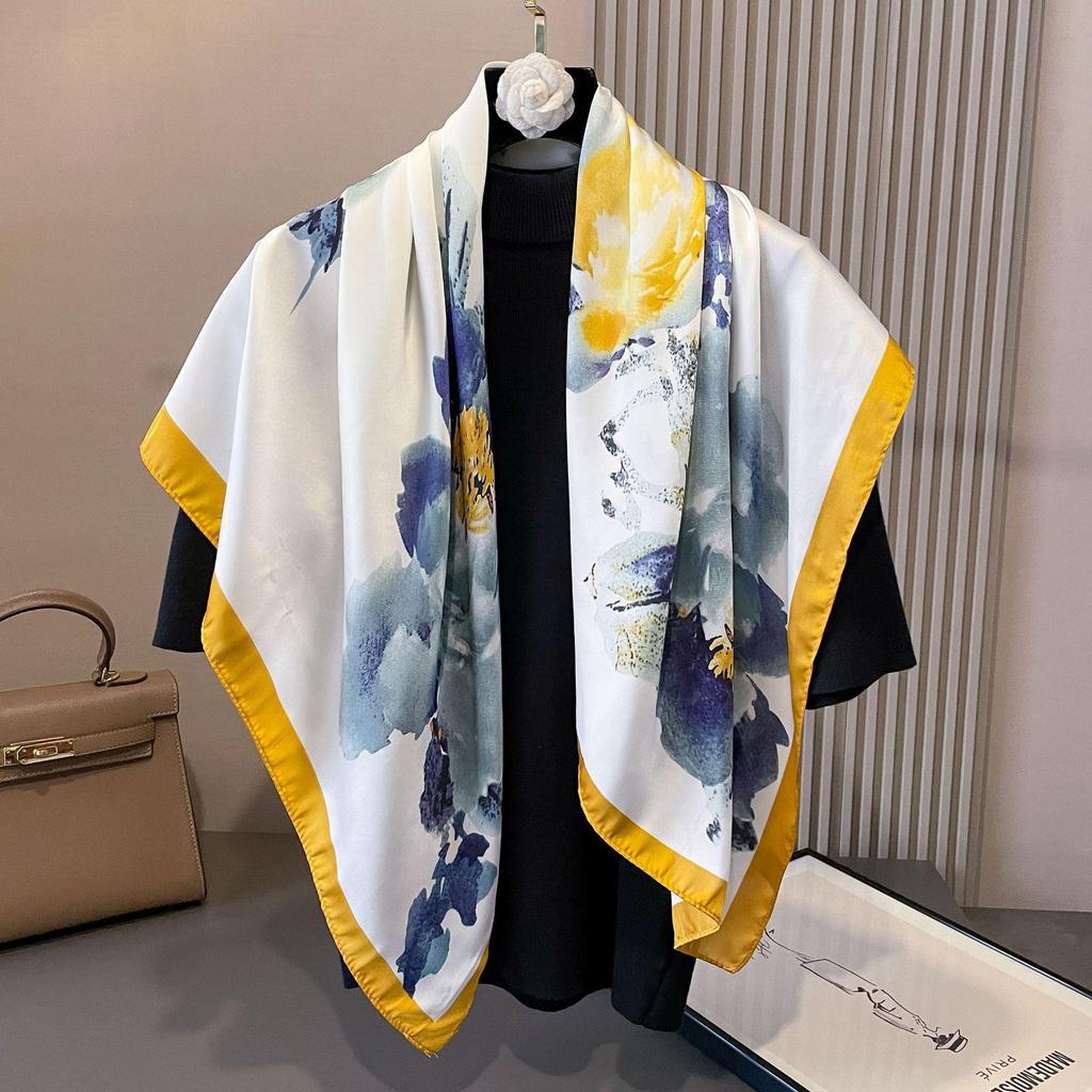 Women's Retro Fashion Mulberry Silk Feel Square Scarf - Summer Faux Satin, Sun Protection, 90cm
