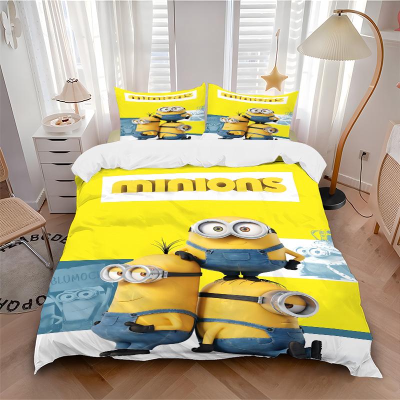 Minions Fun Overalls Print 3Pcs Bedding Setduvet Cover With 2 Bedropillowcase Home Birthday Gift