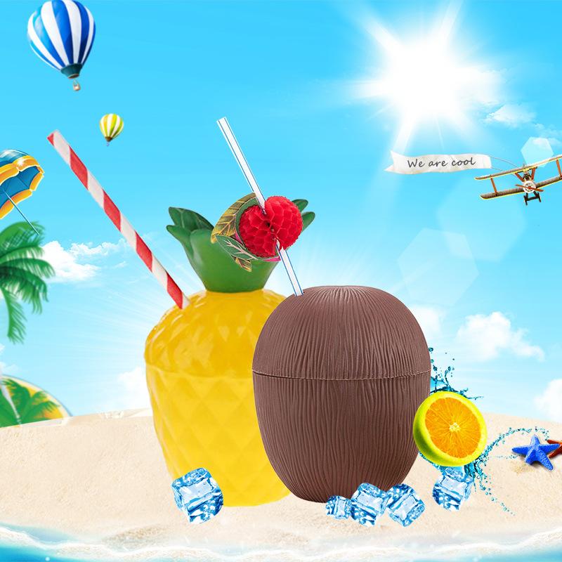 1pcs Tropical Pineapple Coconut Drinking Cup Juice Cups Straw Summer Luau Flamingo Birthday Beach Pool Party Hawaiian Decoration
