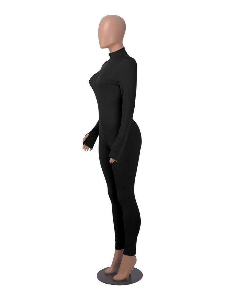 Women's Ribbed Elastic Slim-fit Long Sleeve Sport Yoga Jumpsuit with Invisible Zipper