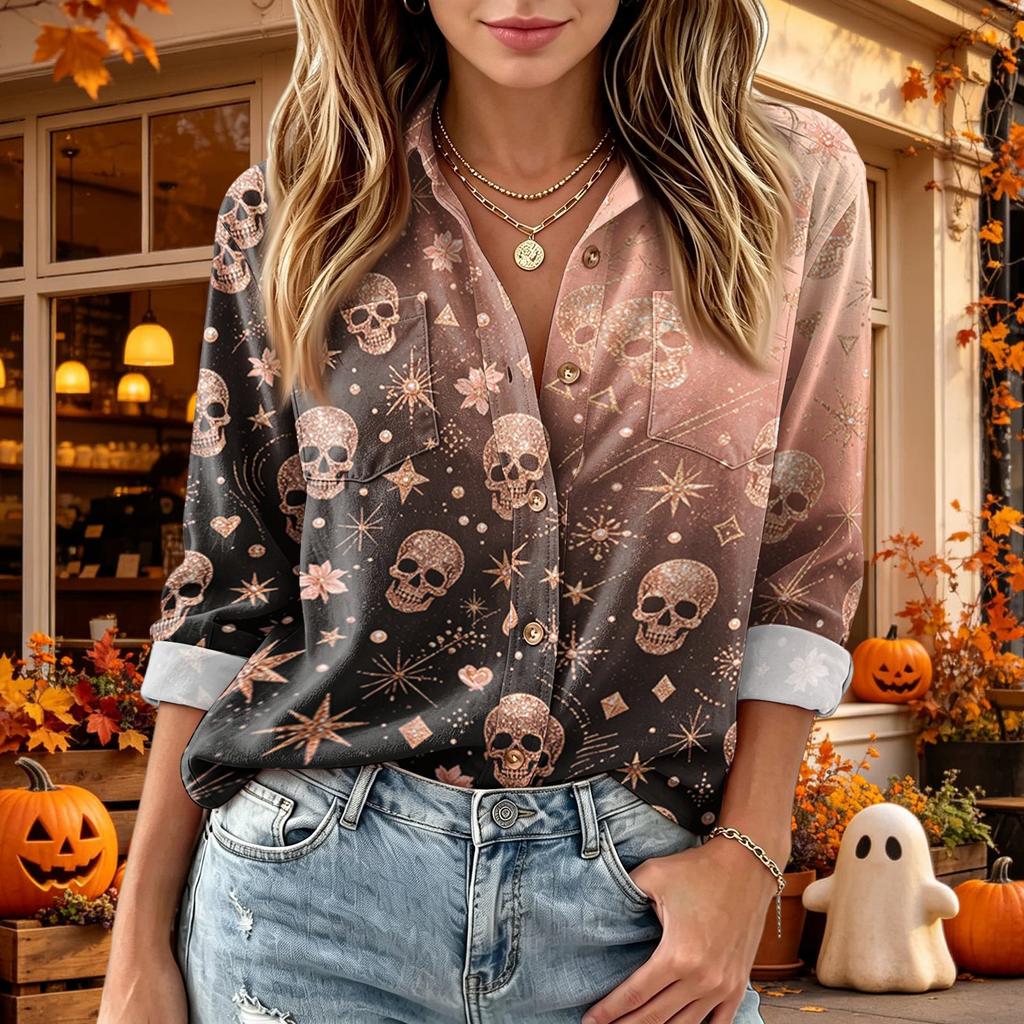 Women's Halloween Print Button Down Long Sleeve Casual Shirt with Two Pockets Top