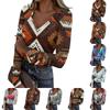 Women's Casual V-Neck Vintage Print Long Sleeve Ribbed Top for Fall and Everyday Wear