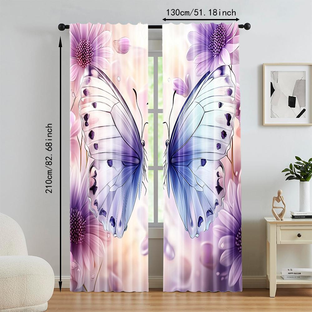 2Pcs Flower Butterfly Digital Printed Window Curtains Polyester Material Suitable For Living Room Kitchen Bedroom Study Dining
