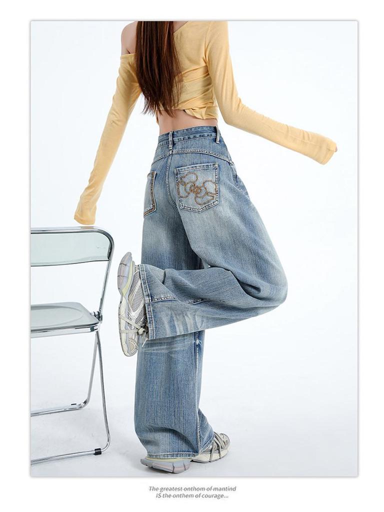 Women's Personalized Bamboo Pattern Light Blue Wide Leg Jeans - Trendy, Slimming, Loose Fit for Spring/Summer