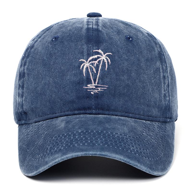 Coconut Tree Embroidered Washed Retro Duckbill Cap - Distressed Unisex Curved Brim Baseball Hat.