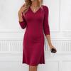 Women Spring Autumn V Neck Long Sleeve Bodycon Commuter-style Pit Strip Solid Color Package Hip Dress