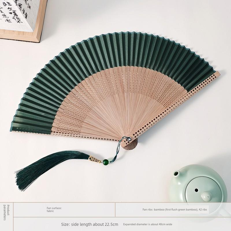 Classical Green Hollowed-Out Fan with Ancient Style, New Chinese-Style Dressing Gown Fan, Chinese-Style Bamboo Folding Fan, Portable
