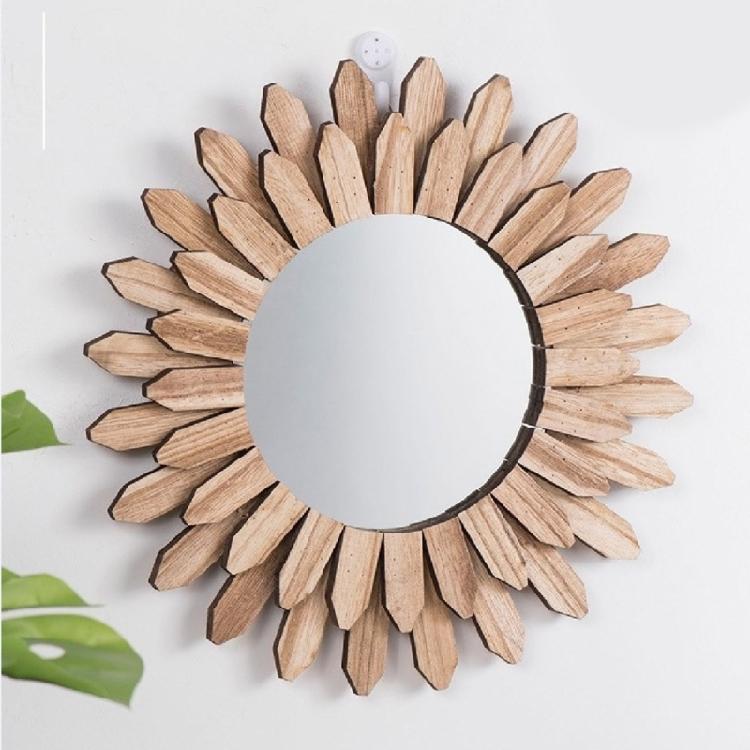 Sun Shape Wooden Round Mirrored Innovative Decors Makeup Mirrored Wall Mirrored