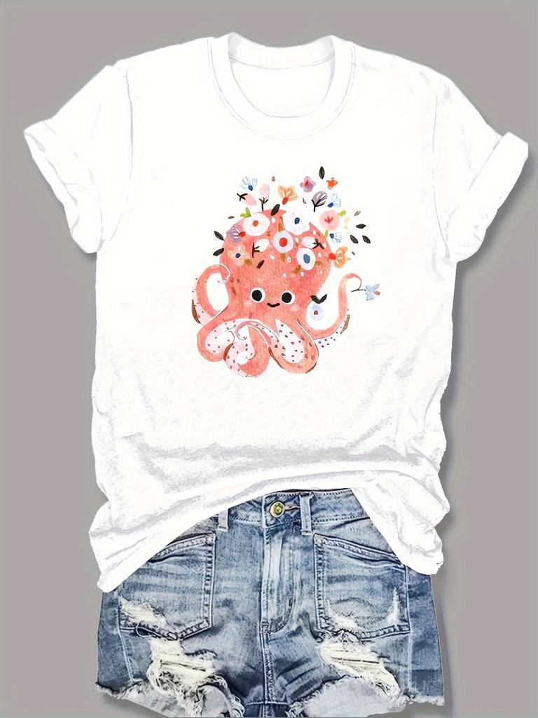 Cartoon Shark & Letter Shirt Short Sleeve Neck Fashion Casual Sport Basic Clothes Harajuku Style Summer Women'S Graphic T-Shirts